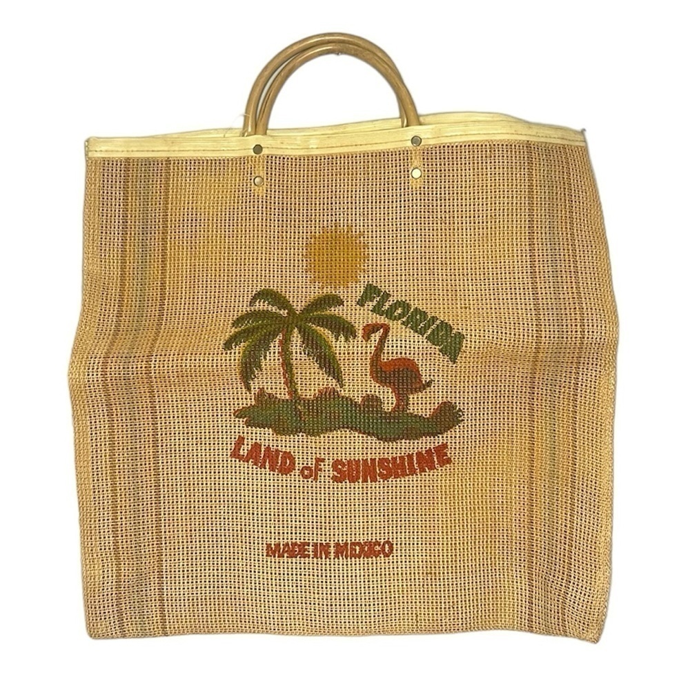 Vintage Florida Woven Macrame Graphic Tote With Hoop Top Handle